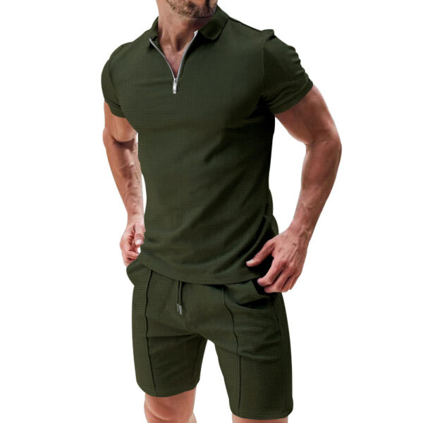 2Pcs Casual Waffle Suit Summer Zipper Lapel Short-sleeved Top And Drawstring Pockets Shorts Versatile Solid Color T-shirt Set For Mens Clothing - Image 2