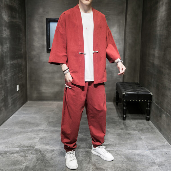 Chinese Style Linen Suit Men's Summer Three-Quarter Sleeves Robe Hanfu Loose Sun Protection Clothing Large Size Mens Sang Suit Cardigan - Image 3