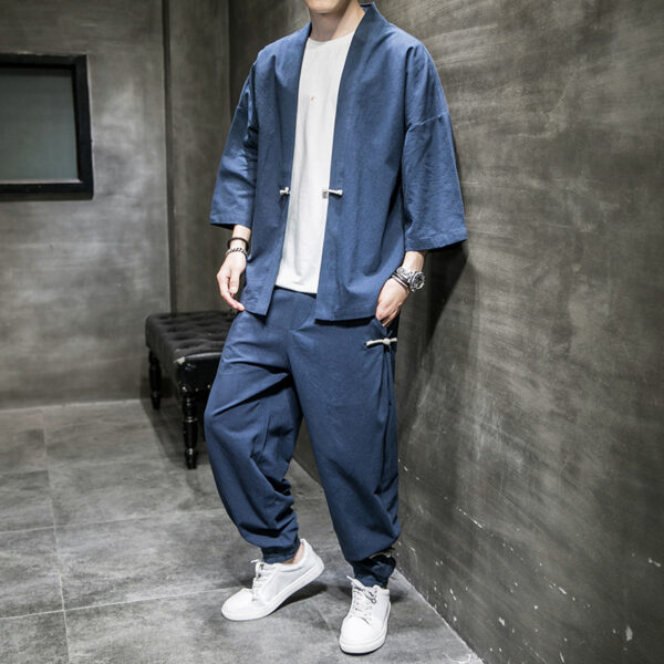 Chinese Style Linen Suit Men's Summer Three-Quarter Sleeves Robe Hanfu Loose Sun Protection Clothing Large Size Mens Sang Suit Cardigan - Image 2