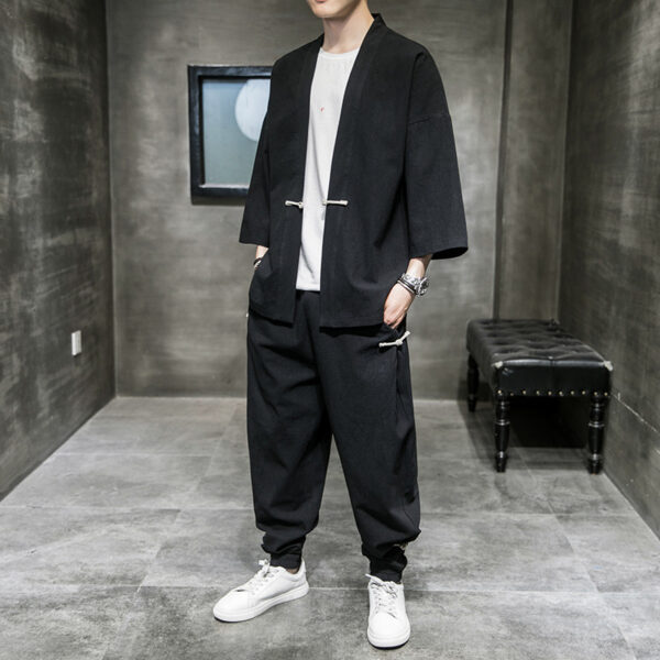 Chinese Style Linen Suit Men's Summer Three-Quarter Sleeves Robe Hanfu Loose Sun Protection Clothing Large Size Mens Sang Suit Cardigan - Image 5