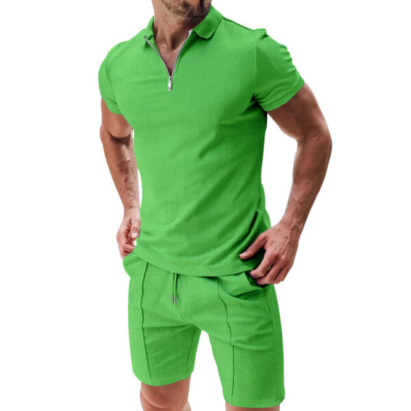 2Pcs Casual Waffle Suit Summer Zipper Lapel Short-sleeved Top And Drawstring Pockets Shorts Versatile Solid Color T-shirt Set For Mens Clothing - Image 5