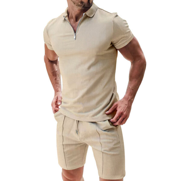 2Pcs Casual Waffle Suit Summer Zipper Lapel Short-sleeved Top And Drawstring Pockets Shorts Versatile Solid Color T-shirt Set For Mens Clothing - Image 6