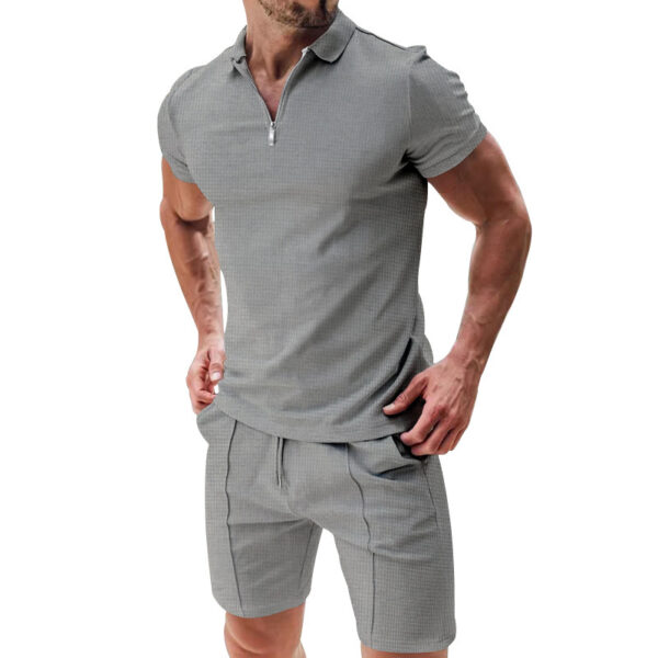 2Pcs Casual Waffle Suit Summer Zipper Lapel Short-sleeved Top And Drawstring Pockets Shorts Versatile Solid Color T-shirt Set For Mens Clothing - Image 4