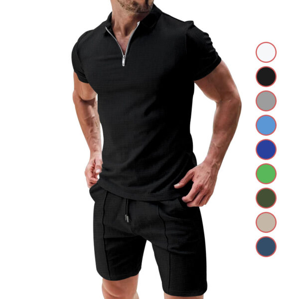 2Pcs Casual Waffle Suit Summer Zipper Lapel Short-sleeved Top And Drawstring Pockets Shorts Versatile Solid Color T-shirt Set For Mens Clothing - Image 7
