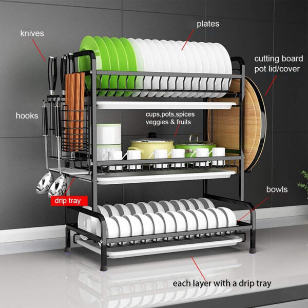 3 Tier Dish Drainer Rack With Drip Tray Cutlery Holder Plate Rack Kitchen Sink - Image 6