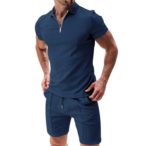 2Pcs Casual Waffle Suit Summer Zipper Lapel Short-sleeved Top And Drawstring Pockets Shorts Versatile Solid Color T-shirt Set For Mens Clothing - Image 10