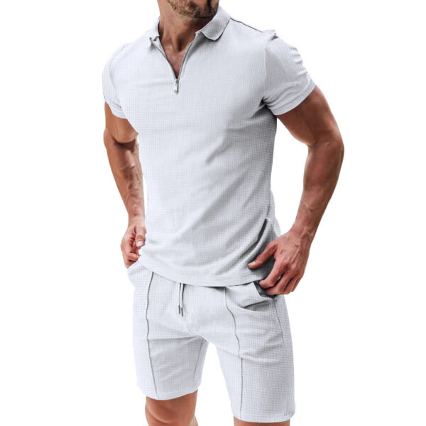 2Pcs Casual Waffle Suit Summer Zipper Lapel Short-sleeved Top And Drawstring Pockets Shorts Versatile Solid Color T-shirt Set For Mens Clothing - Image 9